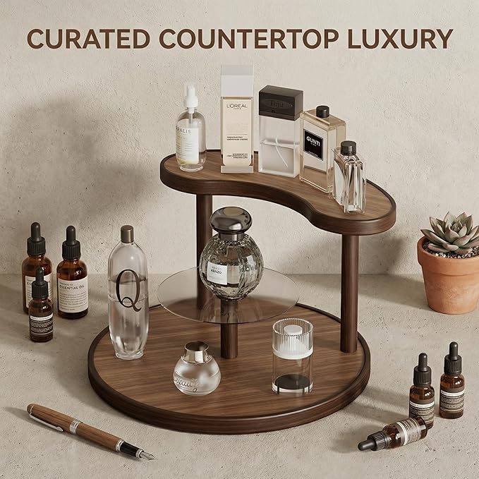 GDQ Wooden Display Organizer Stand,Perfume Organizer, Brown Bamboo Vanity Organizer Display Storage for Cosmetics, Perfume, Plants, Tea Set, Open Design for Entryway/Living Room/Bathroom/Bedroom