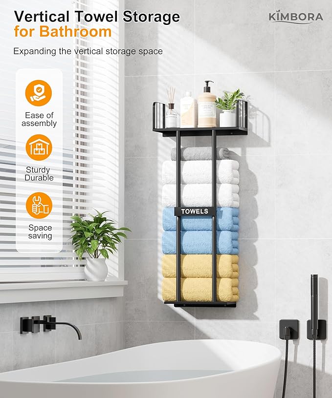 KIMBORA Towel Racks for Bathroom with Top Towel Shelf Hold 8 Large Rolled Towels, 36" Wall Mounted Bathroom Towel Storage Organizer for Small Bathroom, Camper, Rv (Black)