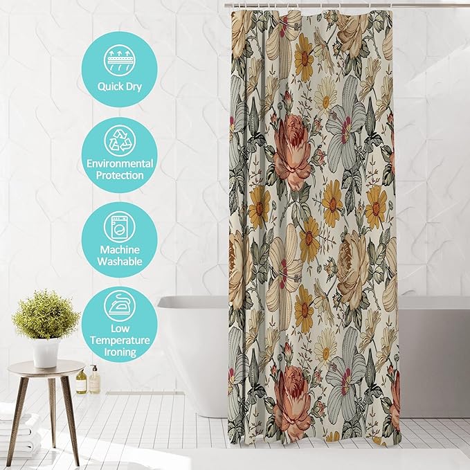 Vintage Watercolor Floral Shower Curtain for Bathroom,Boho Botanical Wildflower Shower Curtains,Funny Waterproof Polyester Cottagecore and Farmhouse Bathroom Decor,72x72 Inch