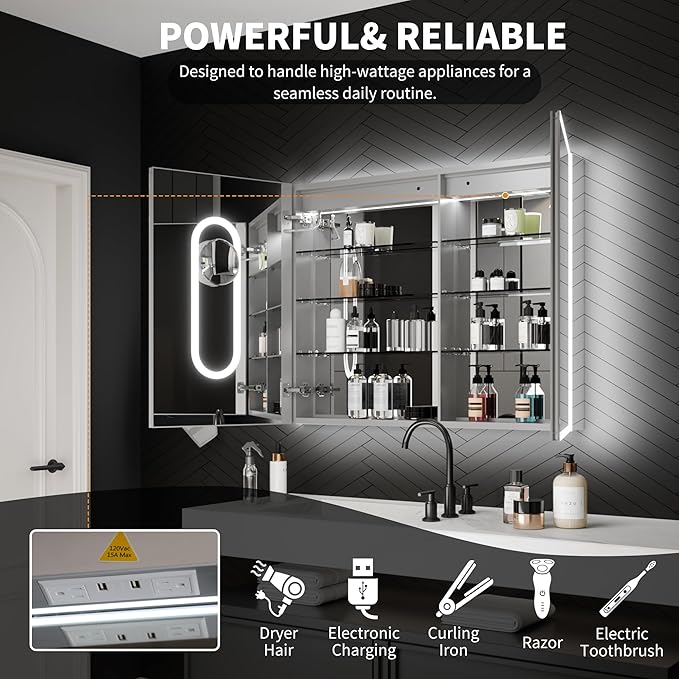 ExBrite 40 x 32 Lighted Medicine Cabinet with Mirror, Front&Backlit led Medicine Cabinet,Clock Temp Display,Defog,5X Magnifier,3 Colors Temper Dimmable,Surface or Recessed Mount,Door Wide Open
