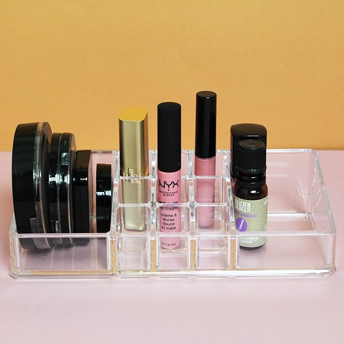 Ikee Design Cosmetic Tray with 2 Large Compartments and 9 Lipstick Holders for Makeup Products and More for Salon, Shop, Office, Bathroom and Home Use, 8 7/8 W X 3 1/2 H X 2 D in
