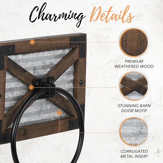 Autumn Alley Farmhouse Hand Towel Ring for Bathroom with Bracket - Bath Towel Rings Holder - Towel Rings for Bathroom Wall Mounted Decor Mix of Wood, Galvanized Metal & Black Rings