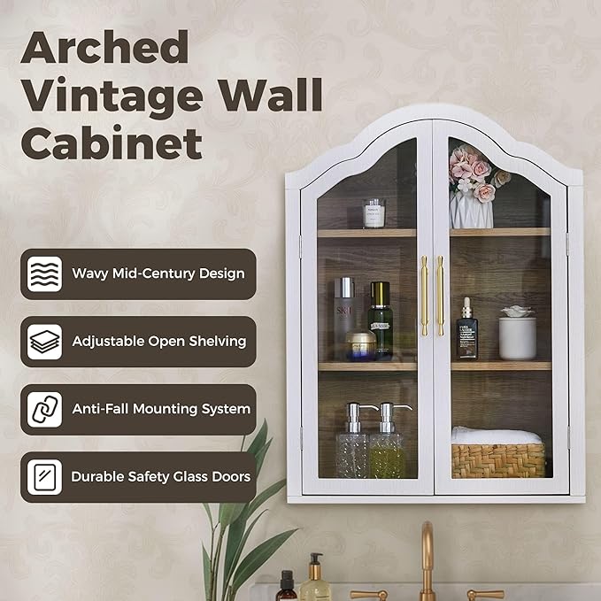Furnaza White Arched Wall Mounted Cabinet, Display Medicine Cabinets with Tempered Glass Doors and Adjustable Shelf for Bathroom,Kitchen,Living Room