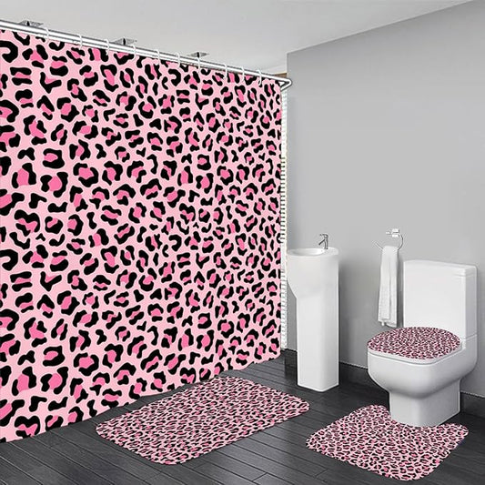 4 PCS Leopard Shower Curtain Cheetah Print Shower Curtain Sets Non Slip Bathroom Rugs Soft Plush Bath Mat Toilet Lid Cover Animal Print Shower Curtains with 12 Hooks for Bathroom Tub, Pink