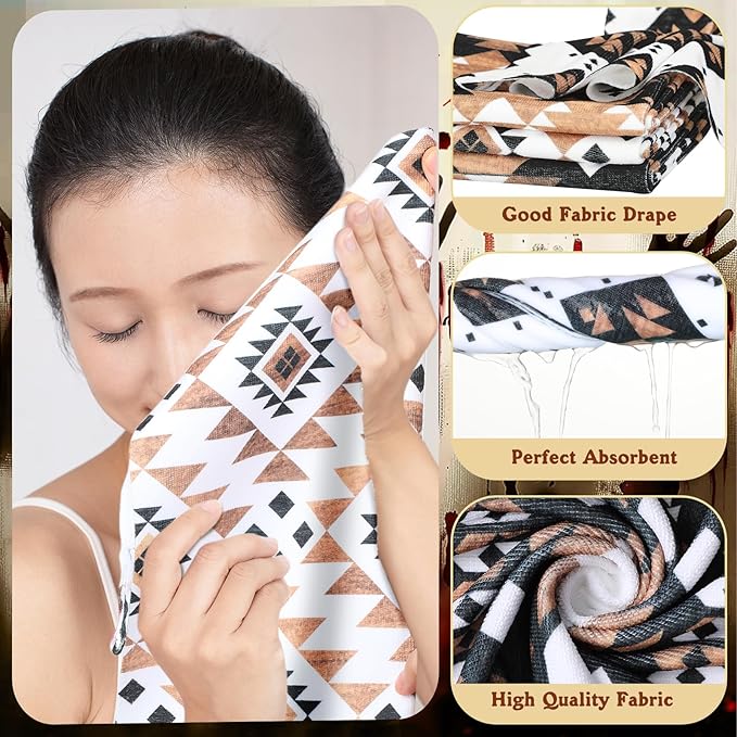 FuWeave 8 Pcs Western Aztec Shower Curtain Set Geometric Vintage Bathroom Decor Boho Abstract Pattern Waterproof Shower Curtain Aztec Towels Non Slip Rug Toilet Lid Cover Bath Mat with 12 Hooks