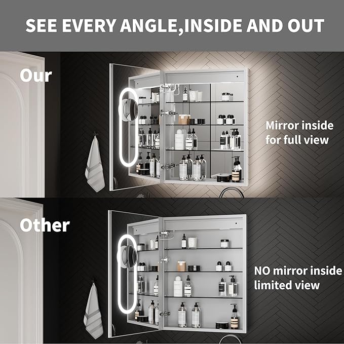ExBrite 24 x 32 Lighted Medicine Cabinet with Mirror, Front&Backlit led Medicine Cabinet,Defog,5X Magnifier,3 Colors Temper Dimmable,Surface or Recessed Mount,Hinge on the Left