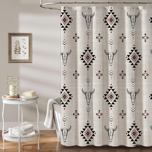 MUGINYU Western Aztec Linen Shower Curtain- Boho Farmhouse Fabric Shower Curtain Set, Ethnic Southwest Bull Skull Cow Shower Curtains for Bathroom, 72x72 Bath Curtain
