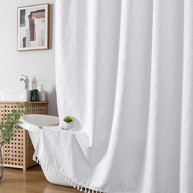 OVZME White Shower Curtain for Bathroom, Puff Printed Textured Shower Curtain with Tassels, Rustic Geometry Heavy Duty Vintage Country Bathroom Curtain, Water Resistant Fabric, 72Wx72L Inches