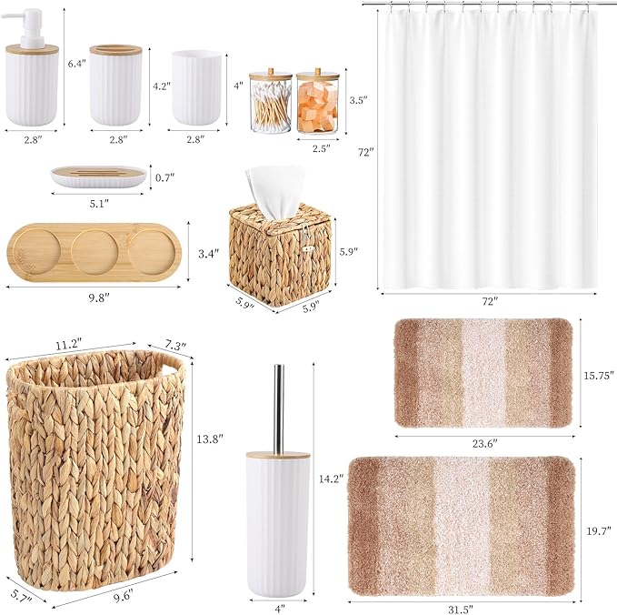 Bathroom Accessories Set, 25PCS Wicker Bathroom Accessory Set with Shower Curtain, Bath Mat, Soap Dispenser, Handwoven Trash Can & Ratten Tissue Box (White, Bath Set+Shower Curtain+Rugs)