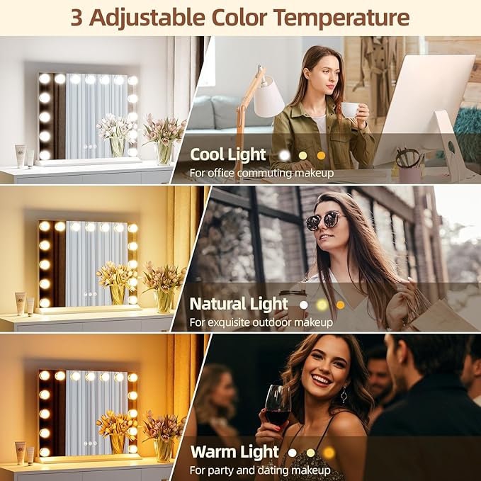 Memobarco Vanity Mirror with Lights, Makeup Mirror with USB/Type-C Charging, Large Hollywood Mirrors w/ 15 LED Bulbs & 5X Magnifier, LED Mirrors for Bedroom Tabletop & Wall Mounted