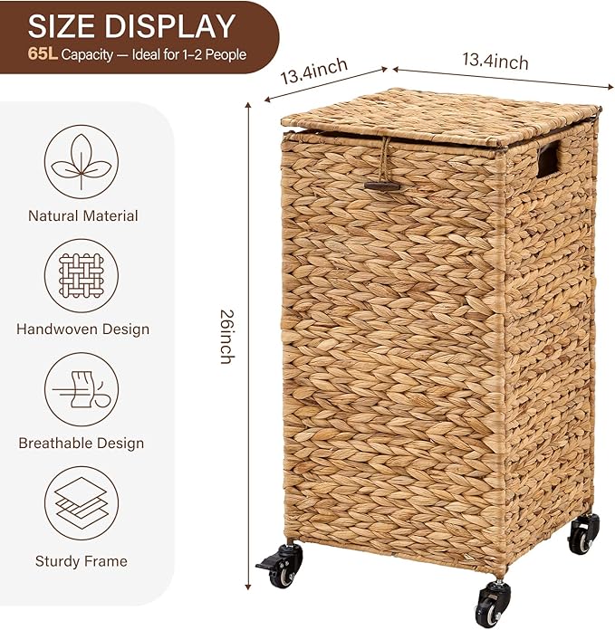 Hand-Woven Laundry Basket with Wheels, Natural Water Hyacinth Laundry Hamper with Lid, Removable & Machine-Washable Liner,Clothes Hamper for Bathroom and Laundry Room(65L,Natural)