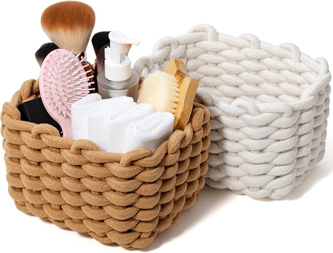 Storage Baskets 2 Pack, Macrame Woven Decorative Baskets for Vanity, Desk, Bathroom & Bedroom Organizer, Small Boho Cotton Rope Bins for Cosmetics, Office Supplies, Cream & Khaki, 7x5.5x5 Inches