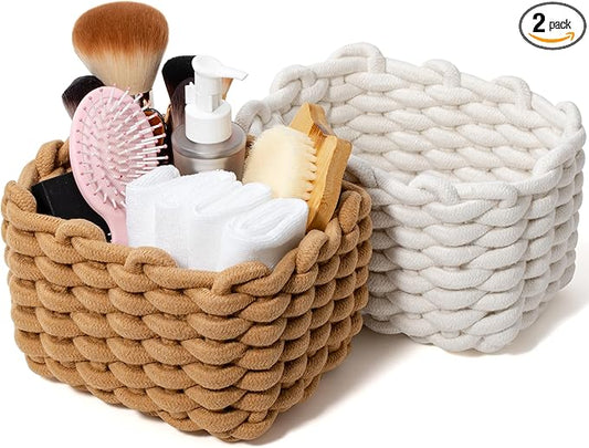 Storage Baskets 2 Pack, Macrame Woven Decorative Baskets for Vanity, Desk, Bathroom & Bedroom Organizer, Small Boho Cotton Rope Bins for Cosmetics, Office Supplies, Cream & Khaki, 7x5.5x5 Inches