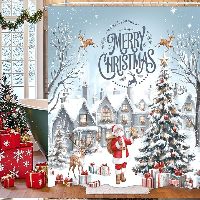 Christmas Shower Curtain，Santa Claus Castle Reindeer Shower Curtain，Winter Pattern Holoday Shower Bathroom Decor For Bathroom ，72x72 Inch Waterproof Polyester Insulated Home Decor Set，With Hooks