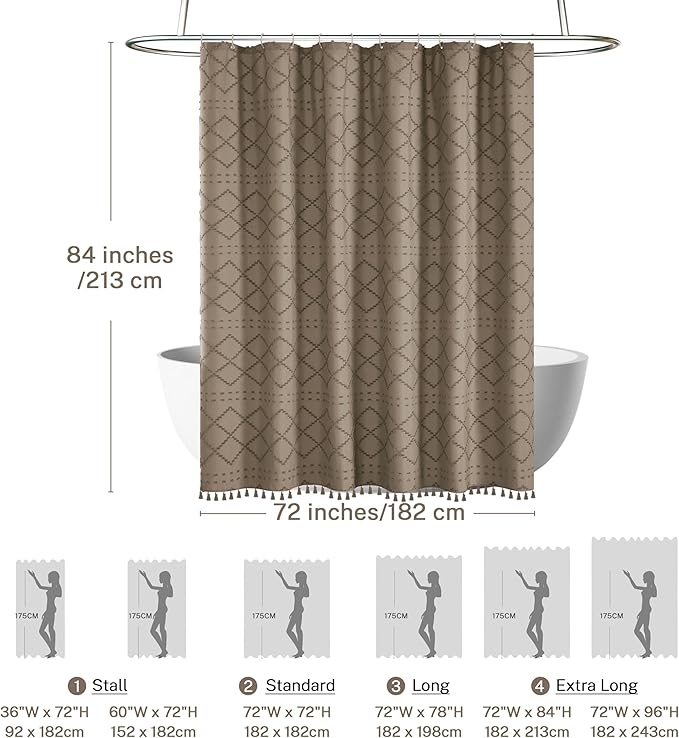 Extra Long Boho Farmhouse Shower Curtain - Woven Fabric Khaki 84 Inch, 72 x 84 Tufted Chevron Textured Striped Modern Minimalist Cloth for Bathroom