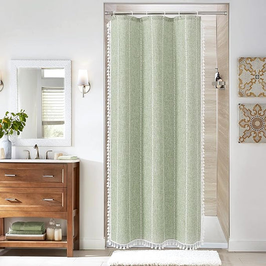 MitoVilla Boho Small Stall Fabric Shower Curtain 36 x 72, Sage Green Half Size Narrow Polyester Linen Tassel Cloth Shower Curtains for Chic Modern Farmhouse Country Bathroom Decor