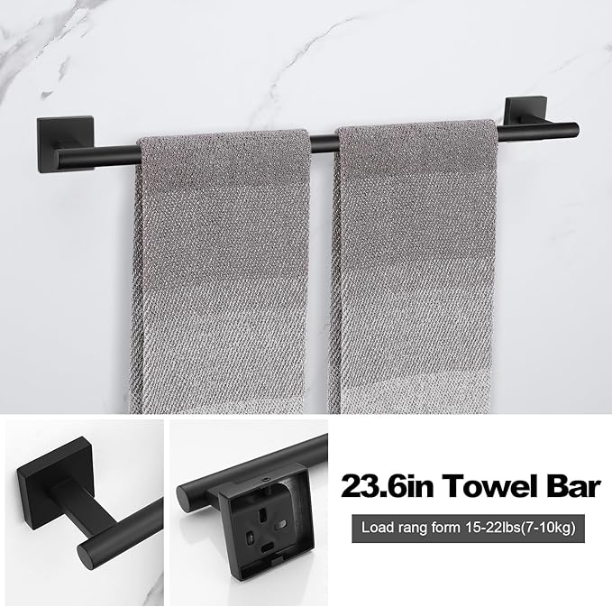 Matte Black Towel Bar Set, 5 Pieces Double Dase Toilet Paper Holder Bathroom Hardware Set, 23.6 Inch Stainless Steel Towel Racks for Bathroom Wall Mounted