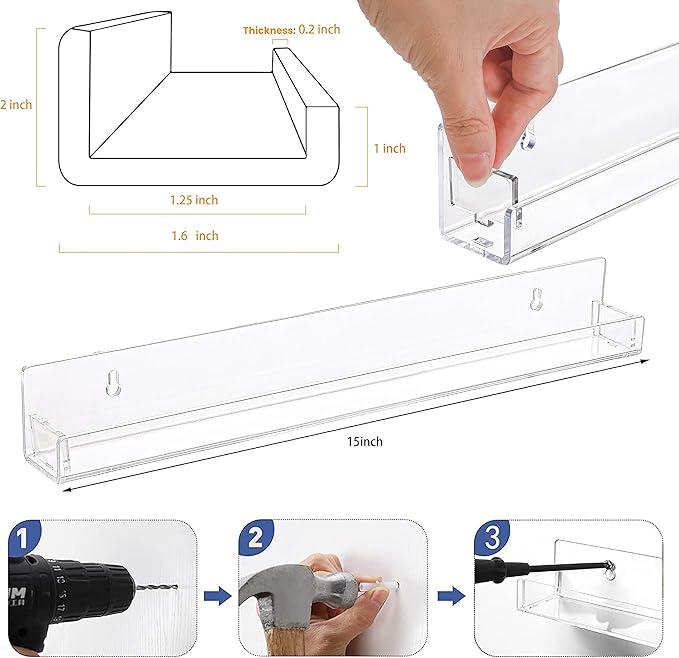 2 Pack Clear Nail Polish Rack Wall Mounted,15 inch Invisible Acrylic Floating Bookshelf,Small Toy Storage Wall Shelf Modern Picture Ledge Vinyl Record Display Shelf Holder