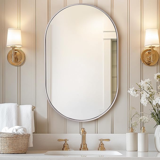 SogesHome Medicine Cabinet with 24x36 Oval Mirror, Wall Mount Bathroom Vanity with Storage, 2 Shelves, Perfect for Bathroom, Silver