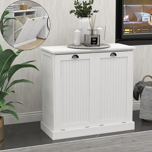 Locsear Tilt Out Laundry Hamper Cabinet with Removable Basket, Double Hidden Laundry Hamper, Wood Bathroom Storage, Free Standing Home Organizer, White