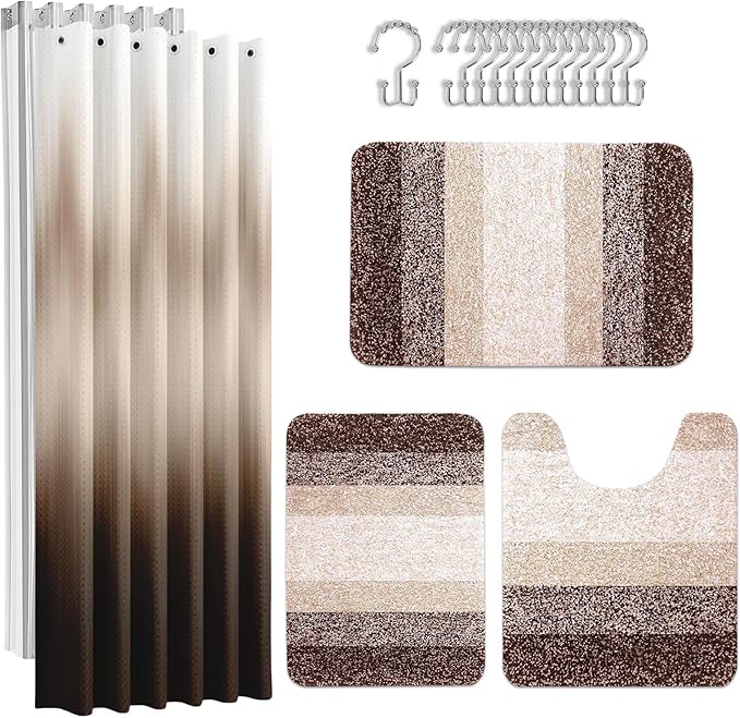 Britimes Brown Stripes Bathroom Sets with Shower Curtain and Rugs, Ombre Modern Abstract Vintage Waterproof Shower Curtain Liner and Soft Non Slip Bath Mat for Bathroom Decor and Accessories Hooks