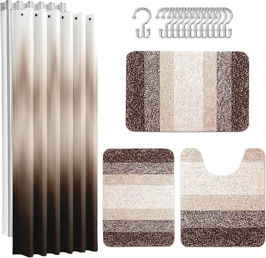 Britimes Brown Stripes Bathroom Sets with Shower Curtain and Rugs, Ombre Modern Abstract Vintage Waterproof Shower Curtain Liner and Soft Non Slip Bath Mat for Bathroom Decor and Accessories Hooks