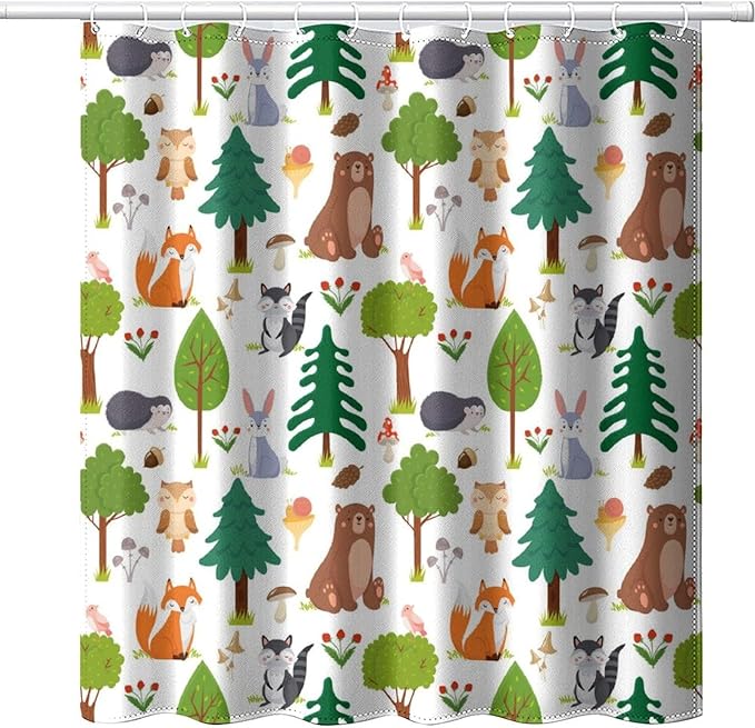 Kids Baby Woodland Shower Curtain Animals Cartoon Girls Children's Cute Cartoon Funny Colorful Weeds Plants Fox Waterproof Fabric Bathroom Decor 72x84 Inches(183x214cm), Style-12