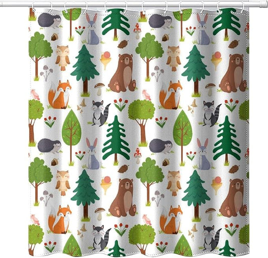 Kids Baby Woodland Shower Curtain Animals Cartoon Girls Children's Cute Cartoon Funny Colorful Weeds Plants Fox Waterproof Fabric Bathroom Decor 72x78 Inches(183x200cm), Style-12
