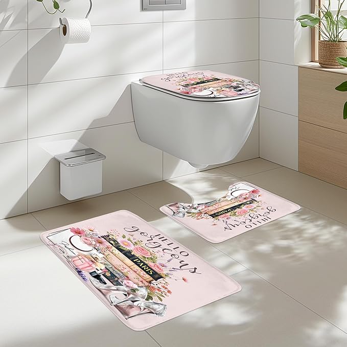 Cinbloo 4Pcs Pink Floral Shower Curtain Set, Fashion Flower Perfume High Heels Wildflower Girly Bathroom Curtain with Rug, Toilet Lid Cover, Bath Mat, Inspirational Quotes Shower Curtain with 12 Hooks