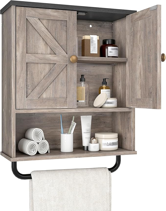 CHOEZON Bathroom Wall Cabinet, Medicine Cabinet with Open Partition and Towel Bar, Rustic Storage Cabinet with Open and Hidden Storage Space, for Bathroom, Living Room, Greige and Charcoal Black