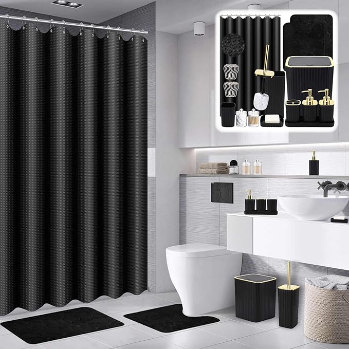 XLHOMO Bathroom Set with Shower Curtain and Rugs- 25PC Bathroom Accessory Set, Black Shower Curtain Set, Toilet Brush, Trash Can, Qtip Holder & Soap Dispenser