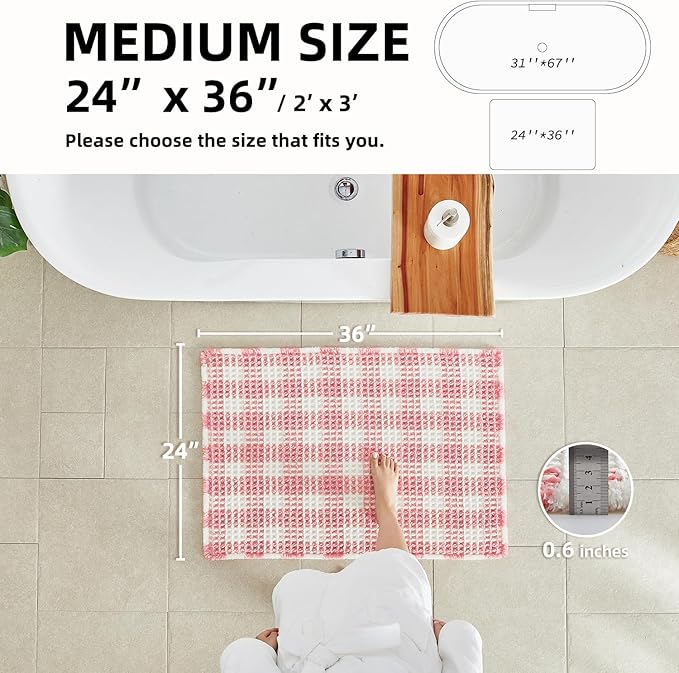 Waffle Bath Mat, Boho Bathroom Rugs Non Slip Washable Absorbent Checkered Bathroom Mat Quick Dry Cute Bath Mat, 36"x24" Pink and White