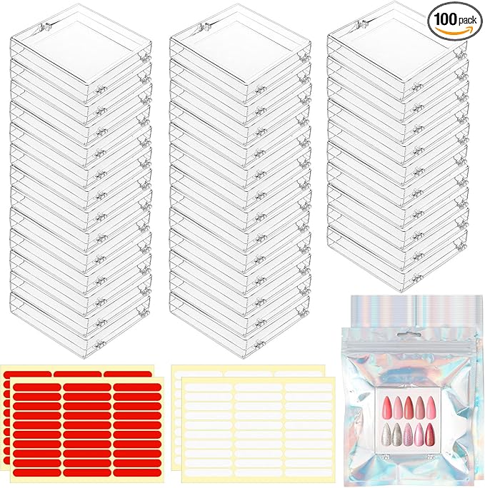 50 Pcs Press on Nail Storage Box, Clear Nail Display Case with 120 Pcs Adhesive Double Sided Tape and 50 Pcs Nails Packaging Bag, Press on Nail Case for Nails Salon, Storage, Display