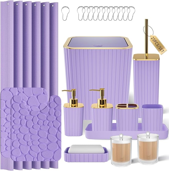 XLHOMO Bathroom Accessories Set - 25PC Bathroom Sets with Shower Curtain and Rugs, Purple Bathroom Set with Trash Can, Soap Dispenser, Soap Dish & Toilet Brush