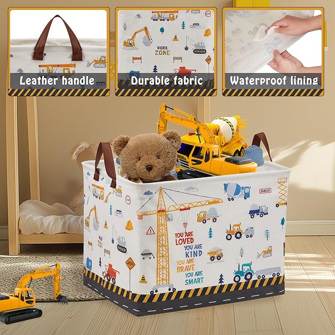 Construction Nursery Decor Hamper Car Baby Gift Basket Transport Trucks Excavators Toy Box Bin Empty Larger Rectangular Kid Clothes Book Shelf Toy Organizer Bin for Baby Boys