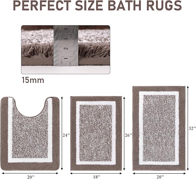 Pauwer Bathroom Rug Set - 3 Piece Shower Mats with U-Shaped Contour Toilet Mat, Absorbent Microfiber Plush Bath Mats, Non Slip, Machine Washable Shaggy Floor Mats