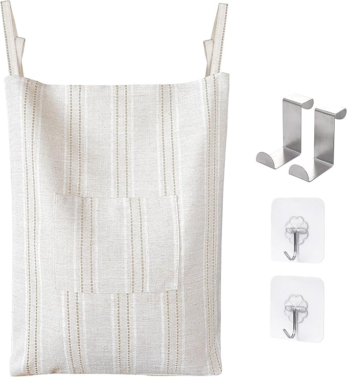 AELS Farmhouse Hanging Laundry Hamper with 2 Hooks, Boho Beige & Brown Stripes Laundry Bag with Zipper & Wide Open Top, Over the Door Organizer for Dirty Clothes, Washable Space Saving Storage