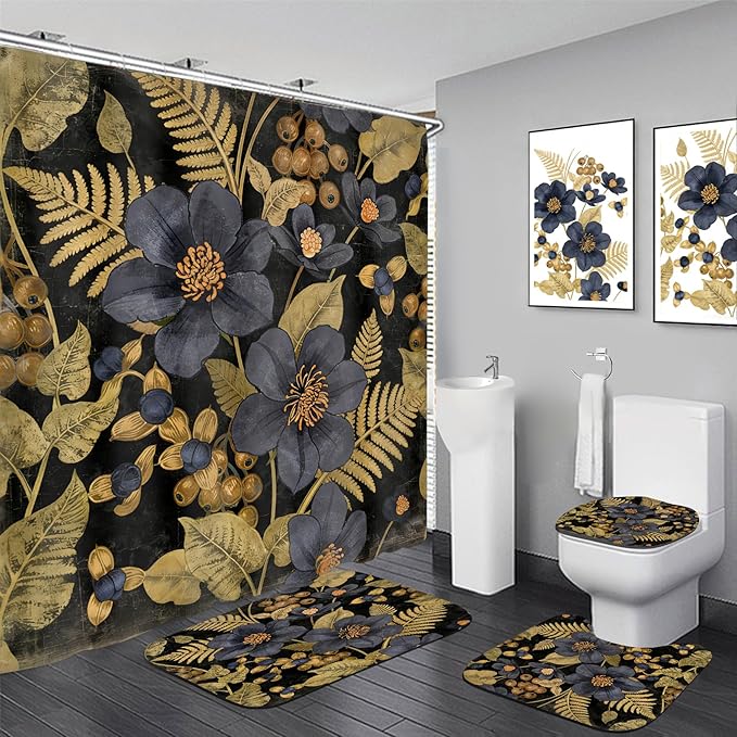 FZDHHY 4Pcs Black and Blue Shower Curtain Set, Morden Bathroom Sets, Vintage Flower Bathroom Sets with Shower Curtain and Rugs, Shower Curtain with 12 Hooks