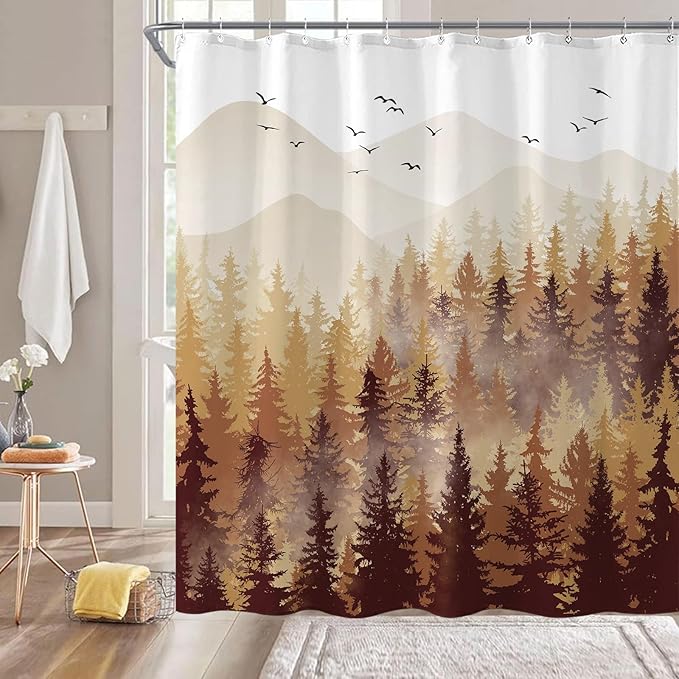 Accnicc Fall Brown Yellow Misty Forest Shower Curtain Ombre Autumn Nature Foggy Tree Waterproof Fabric Shower Curtains for Bathroom Mountain Woodland Decorative Bath Curtain Decor (72'' × 72'')