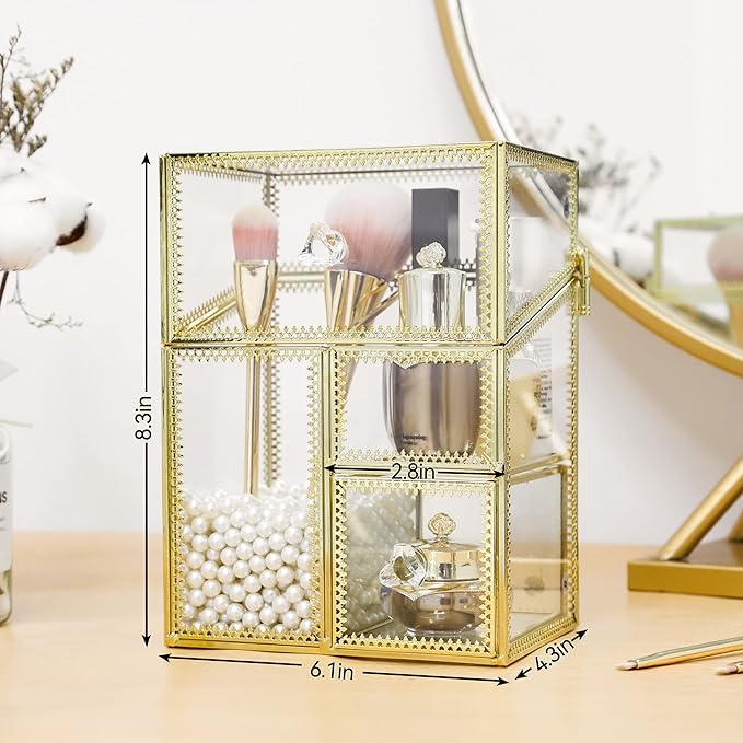 HKS Vintage Makeup Organizer Gold Glass Brush Holder with Lid Storage Dustproof Cosmetics Case with Pearls for Vanity Decoration Jewelry Nail Brush Lipstick