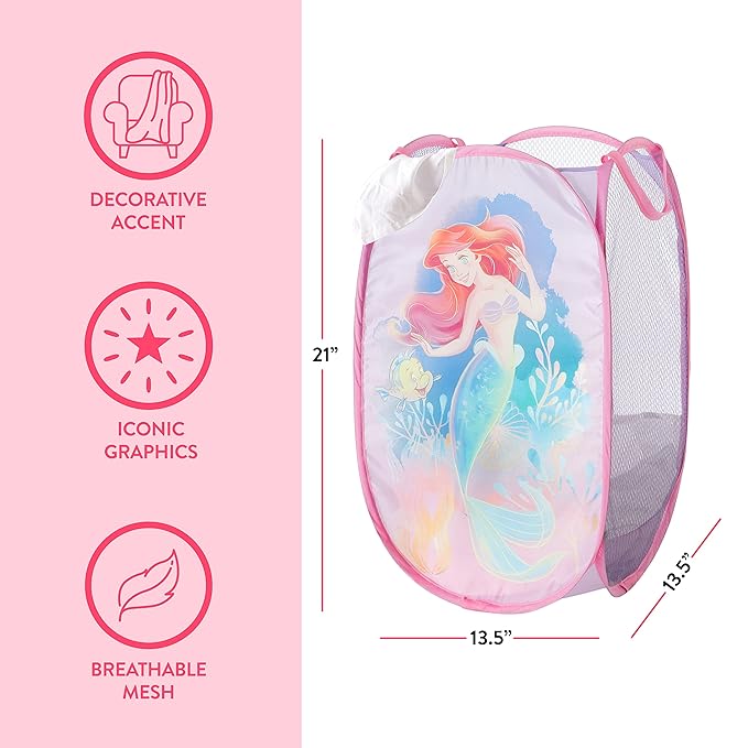 Disney Little Mermaid Ariel Pop-Up Hamper,Collapsible Laundry Basket with Sturdy Handles, 21x13.5x13.5, Lightweight Storage for Kids' Bedroom or Bathroom