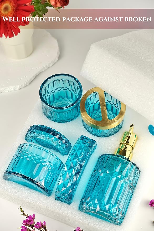 LaMarriti Teal Blue Bathroom Accessories Set, 5Pcs Clear Glass Bathroom Accessories, Hand Soap Dispenser Set, Soap Dish, Toothbrush Holder, Tumbler, Qtip Holder for Crystal Vantage Bathroom Decor