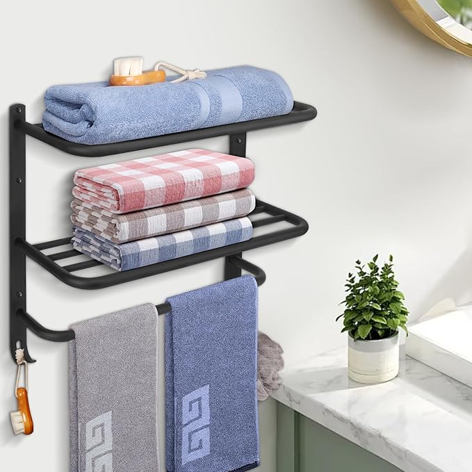 NearMoon Bathroom Towel Rack, 3-Tier Towel Holder with Hooks, SUS304 Stainless Steel Towel Hanger, Wall Mounted Towel Shelf Storage, Bathroom Accessories (22 Inch, Matte Black)