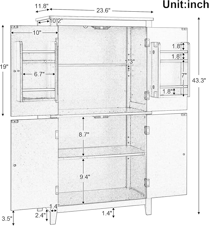 Black Bathroom Storage Cabinet Freestanding Design with 4 Doors Adjustable Shelves Waterproof MDF Board for Home Organization Bathroom Office Use