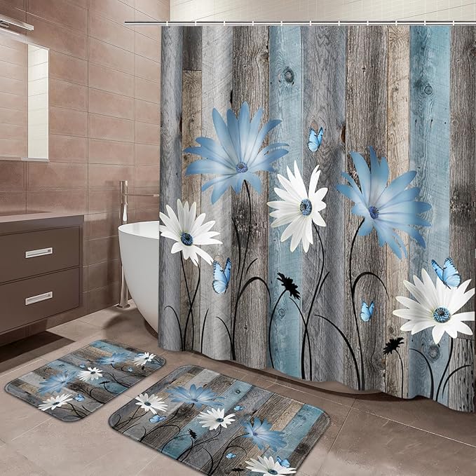 ArtSocket Blue Daisy Flowers Butterfly Bathroom Set with Shower Curtain and Bath Rugs and Accessories,Wooden Boards Non-Slip Shower Curtain Set,Bathroom Decor 3 Pcs