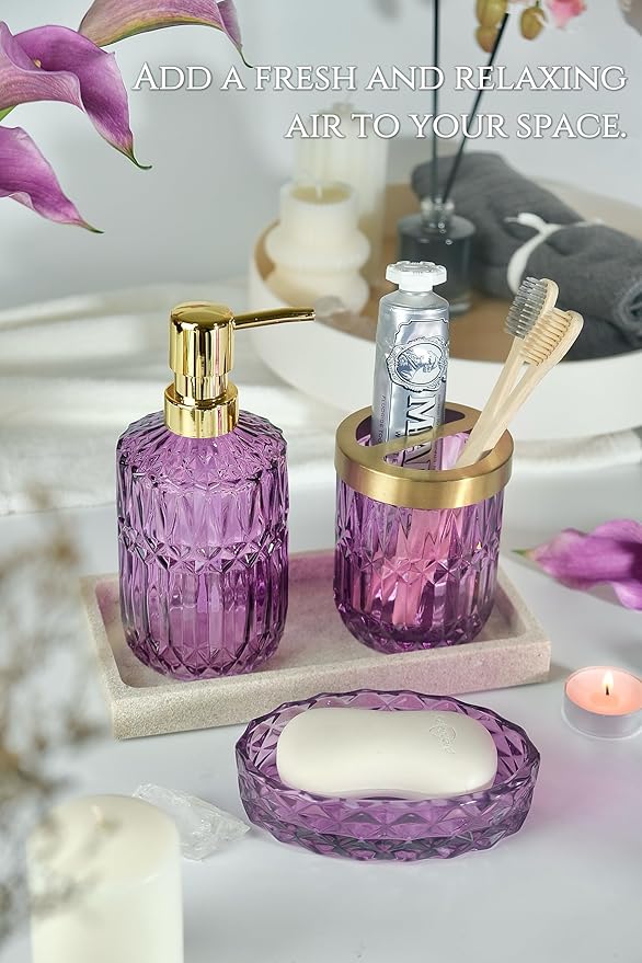 LaMarriti Purple Bathroom Accessories Set, 5Pcs Clear Glass Bathroom Decor Set, Soap Dispenser, Toothbrush Holder Set, Soap Dish, Qtip Holder, Tumbler for Vintage Crystal Bathroom Decor, Gift Set