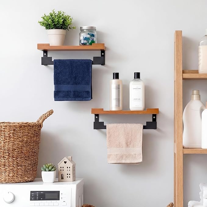 2 Pack Hand Towel Holder/Towel Ring with Wooden Shelf, 9.3 Inch Metal Bath Accessories Wall Mounted Household Decor Hand Towel Hanger for Bathroom Washroom Living Room