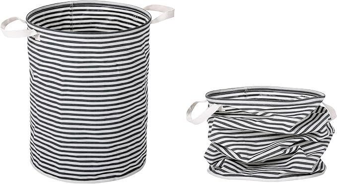 BIRDROCK HOME Collapsible Single Round Laundry Hamper Basket - Grey & White Stripes Bin - Compact Dirty Clothes Organizer Bag