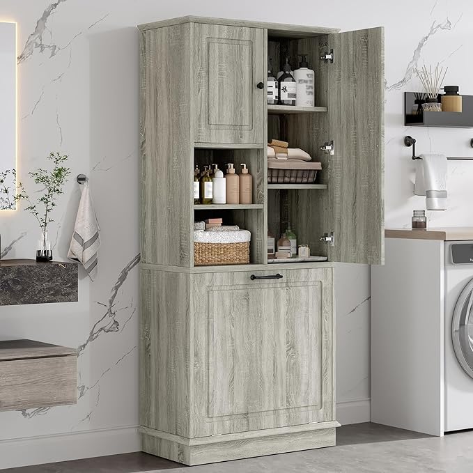 Virubi Tall Laundry Cabinet with Tilt Out Hamper, Wood Tall Laundry Room Cabinets with Doors, and Adjustable Shelves, for Bathroom Storage Organization, Freestanding, Oak