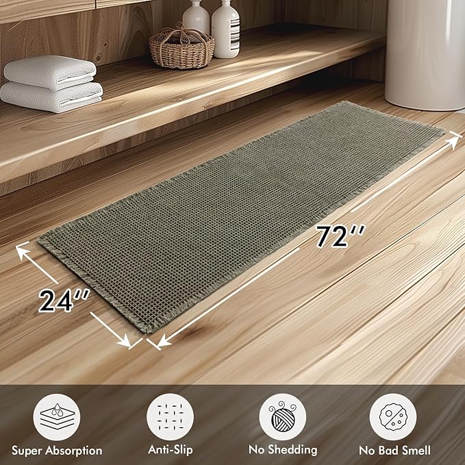MIULEE Set of 2 Waffle Bathroom Runner Rugs, Boho Bath Rugs Non Slip, Super Absorbent Runner Bath Mats, Rubber Backed Shower Mats for Hallway Bedroom Laundry Room, Green, 2'x6'(24x72 Inch)